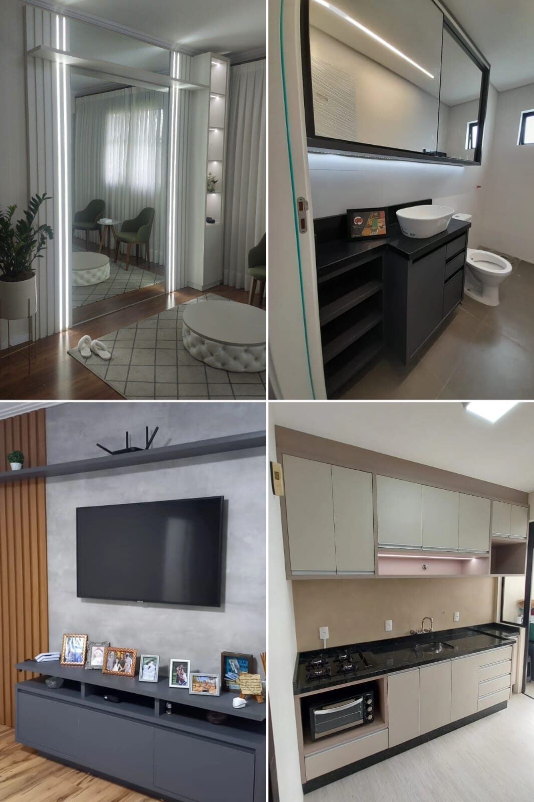 Mosaico de projetos: sala, banheiro, painel e cozinha